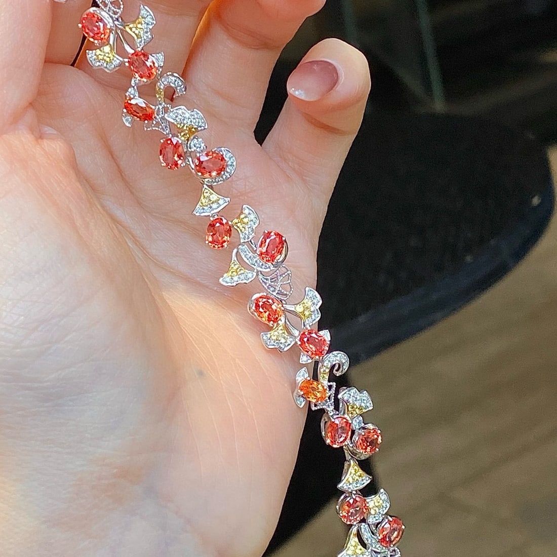 14k Gold 9.35 Ctw Natural Padparadscha Sapphire & Diamond Bracelet - 2