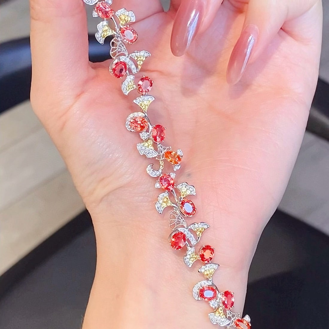 14k Gold 9.35 Ctw Natural Padparadscha Sapphire & Diamond Bracelet - 3