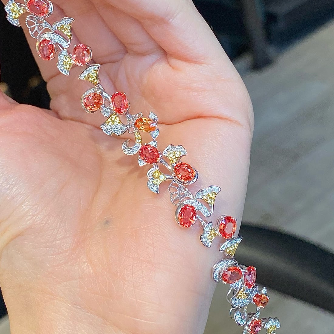 14k Gold 9.35 Ctw Natural Padparadscha Sapphire & Diamond Bracelet - 4
