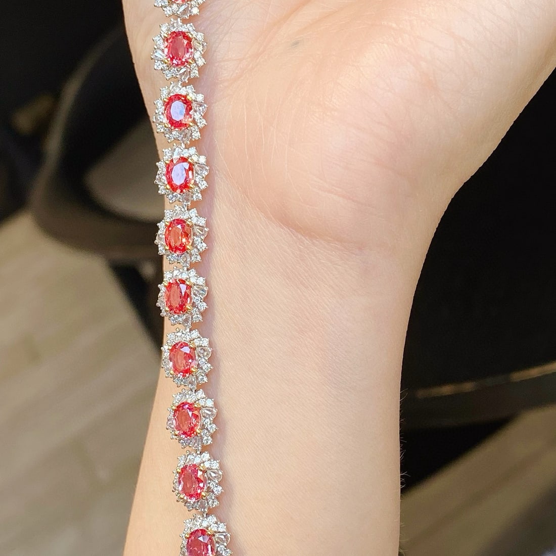 14k Gold 10.90 Ctw Natural Padparadscha Sapphire & Diamond Bracelet - 2