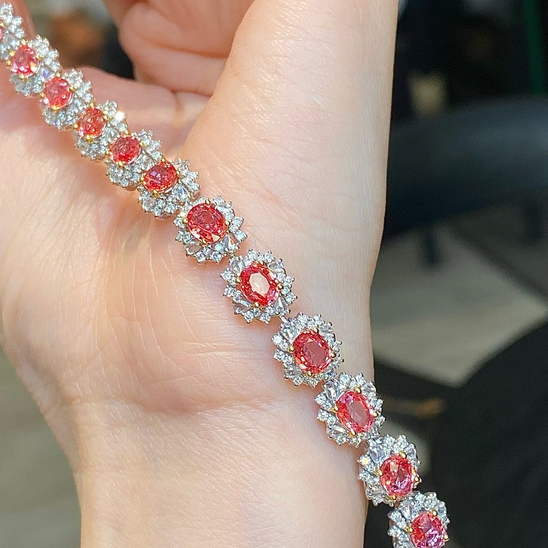 14k Gold 10.90 Ctw Natural Padparadscha Sapphire & Diamond Bracelet - 4