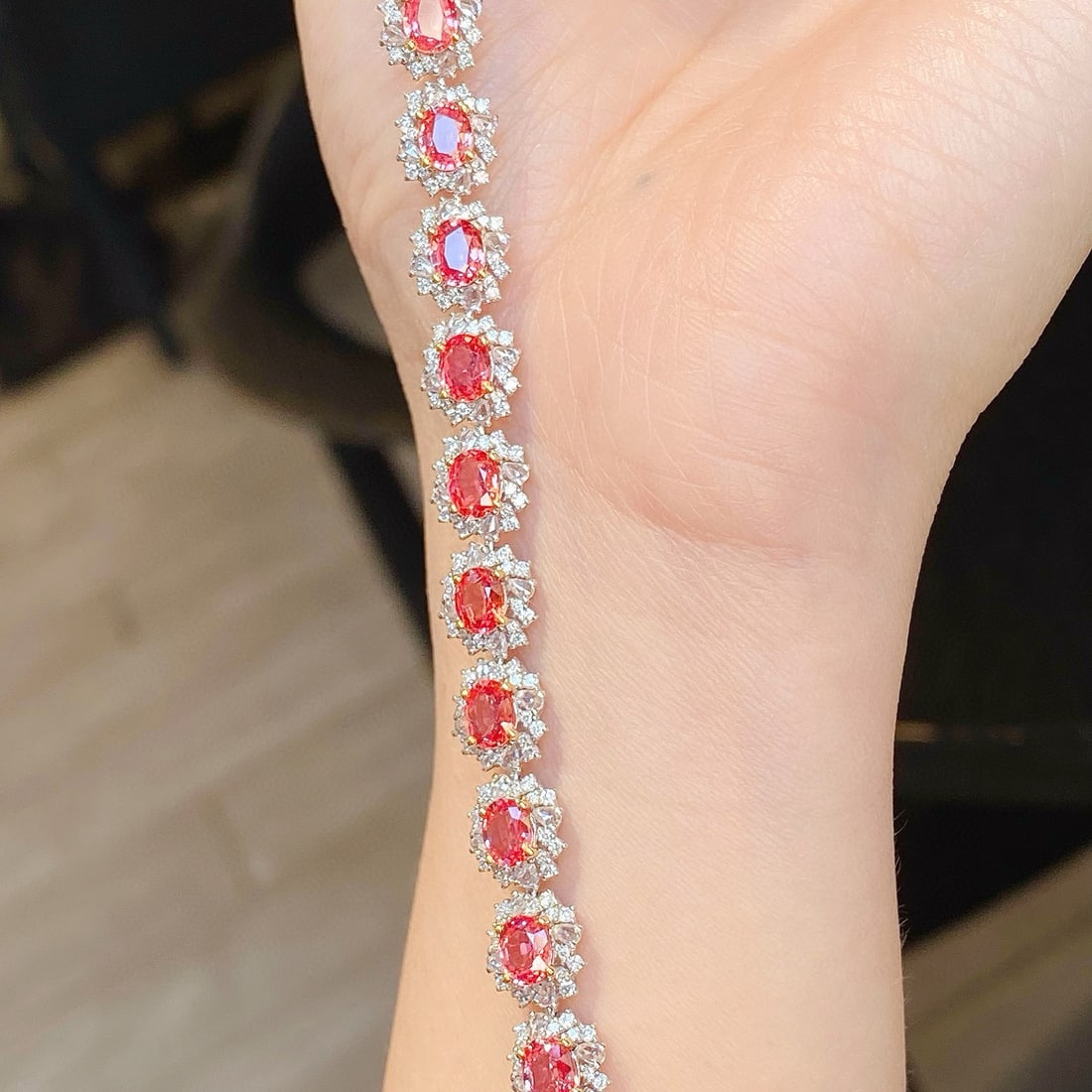 14k Gold 10.90 Ctw Natural Padparadscha Sapphire & Diamond Bracelet - 5