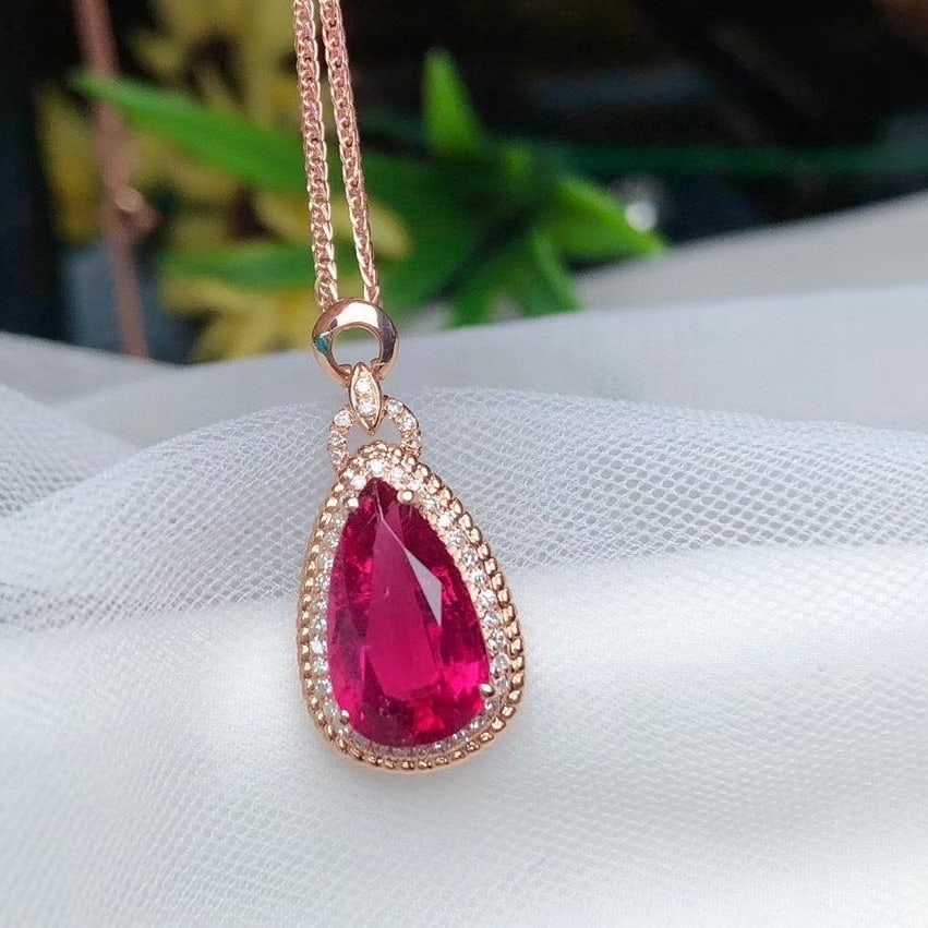 14k Gold 2.83 Ct Natural Tourmaline & Diamond Pendant( Without Chain ) - 2