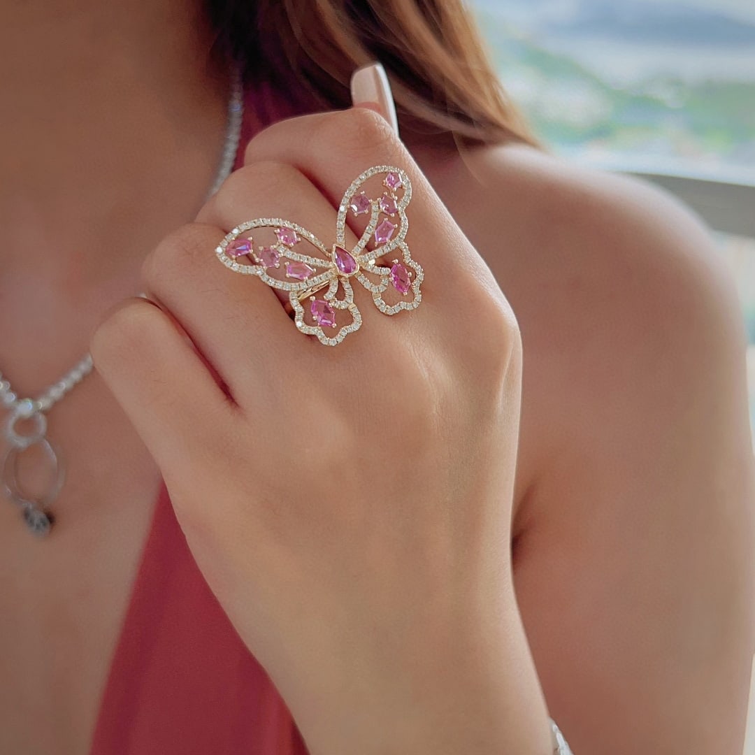 14k Gold 2.17 Ctw Natural Sapphire & Diamond & Butterfly Ring - 7