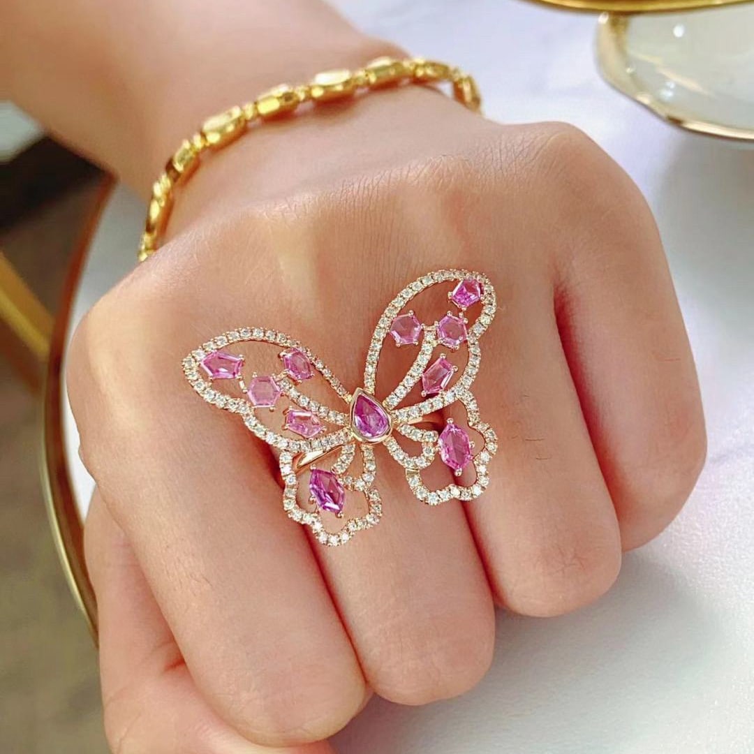 14k Gold 2.17 Ctw Natural Sapphire & Diamond & Butterfly Ring - 8