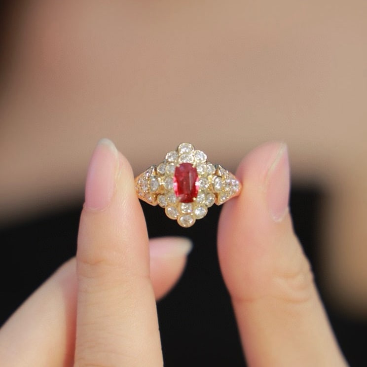14k Gold 1.67 Ctw Natural Ruby & Diamond Ring: Ref:231052367 // gold content:14k gold // ring size:7. 25us // // main gemstone:ruby // shape:cushion // carat weight:0. 65ct // color:red // treatment:natural // // adjacent gemstone 2 : diamond // s