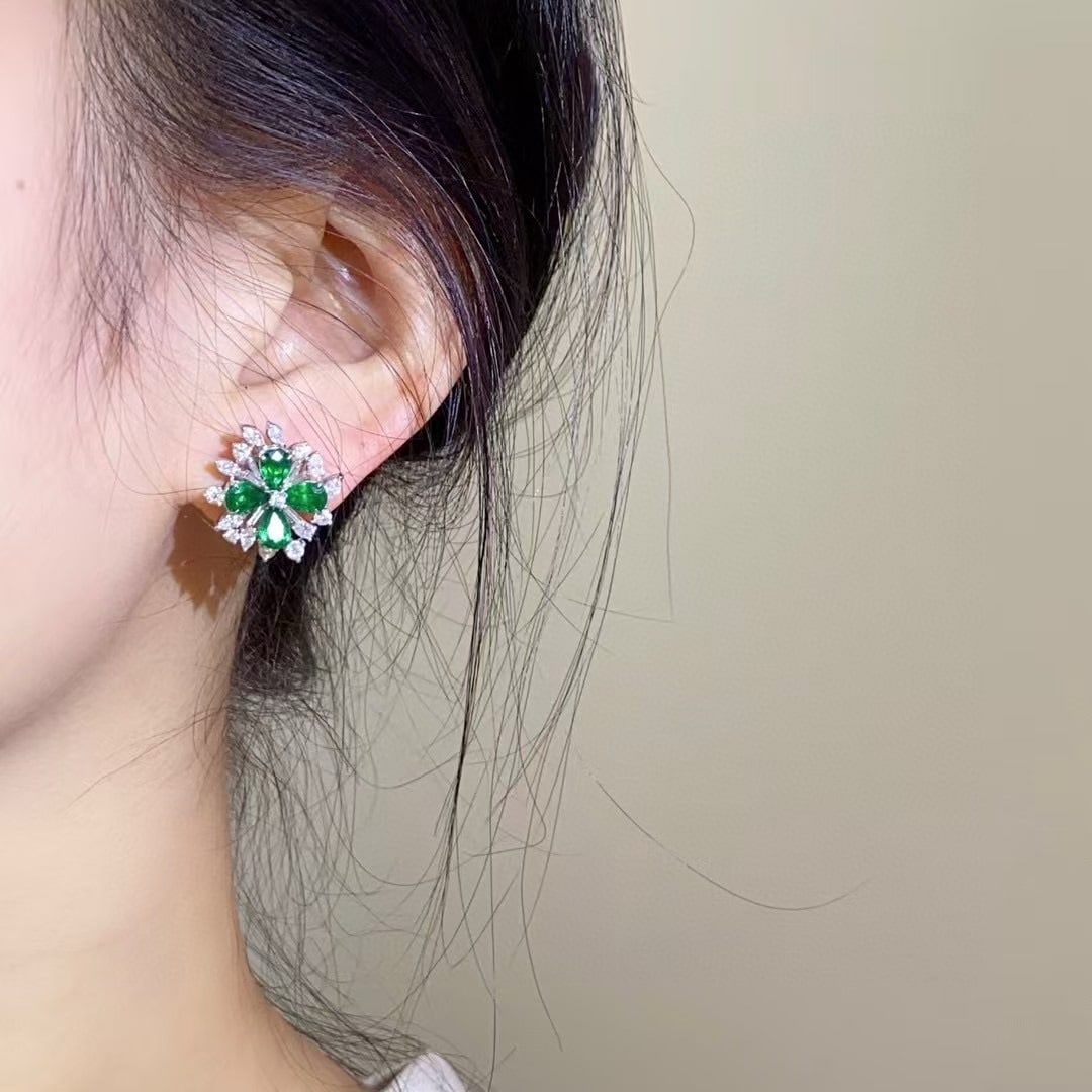 14k Gold 4.10 Ctw Vivid Green Natural Emerald & Diamond Earrings - 4