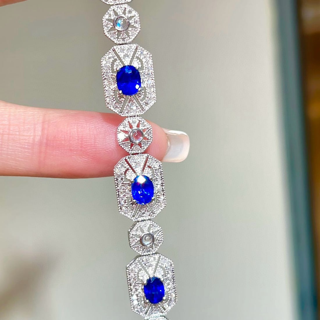 14k Gold 4 Ct Natural Sapphire & Diamond & Moonstone Bracelet - 3