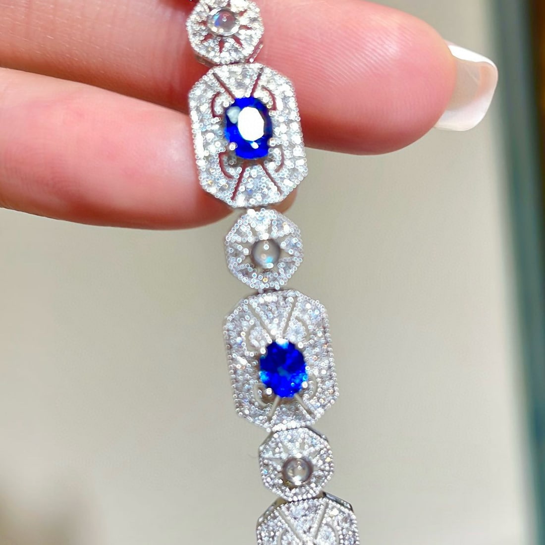 14k Gold 4 Ct Natural Sapphire & Diamond & Moonstone Bracelet - 4