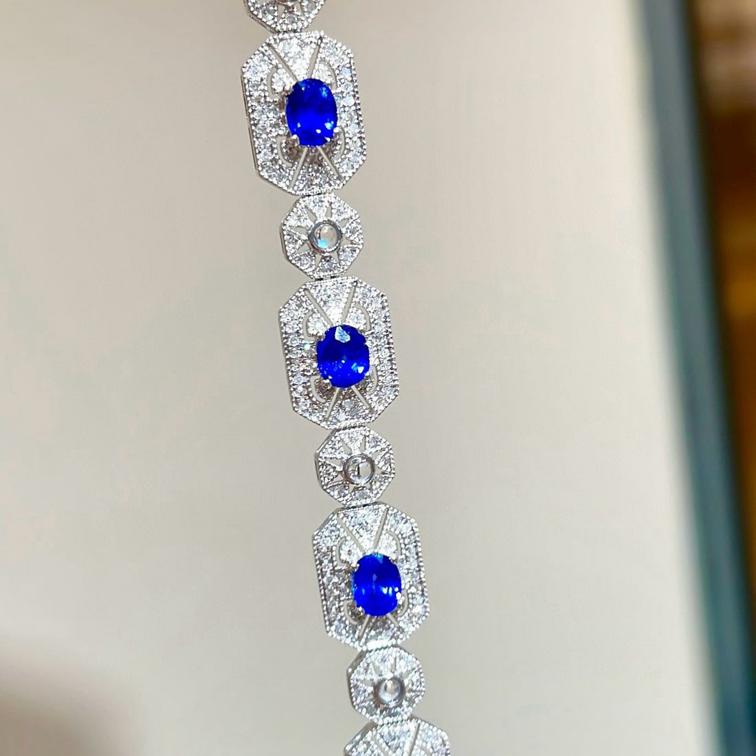 14k Gold 4 Ct Natural Sapphire & Diamond & Moonstone Bracelet - 6