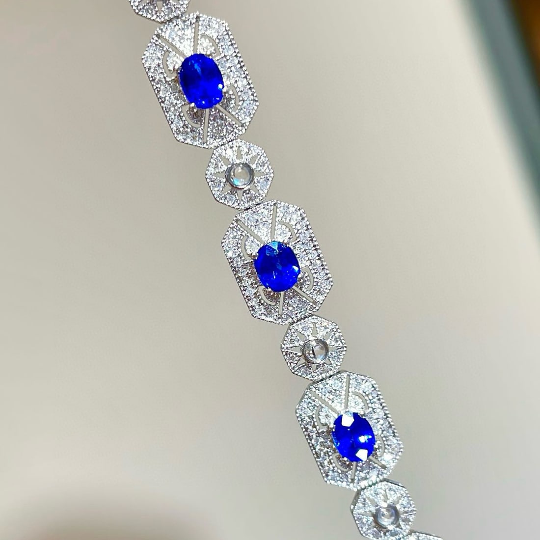 14k Gold 4 Ct Natural Sapphire & Diamond & Moonstone Bracelet - 7