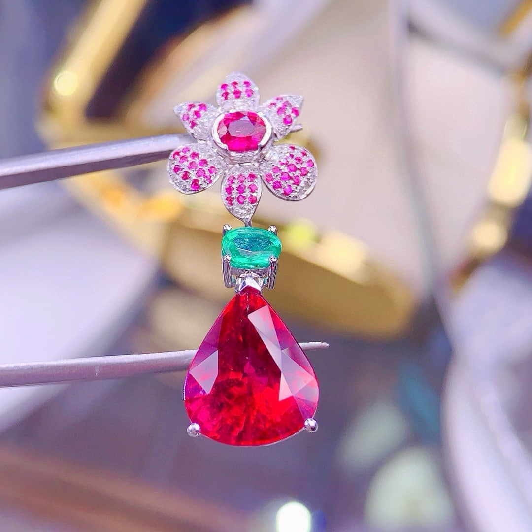 14k Gold 7.9 Ct Natural Tourmaline & Emerald & Ruby & Diamond Pendant( Without Chain ) - 4