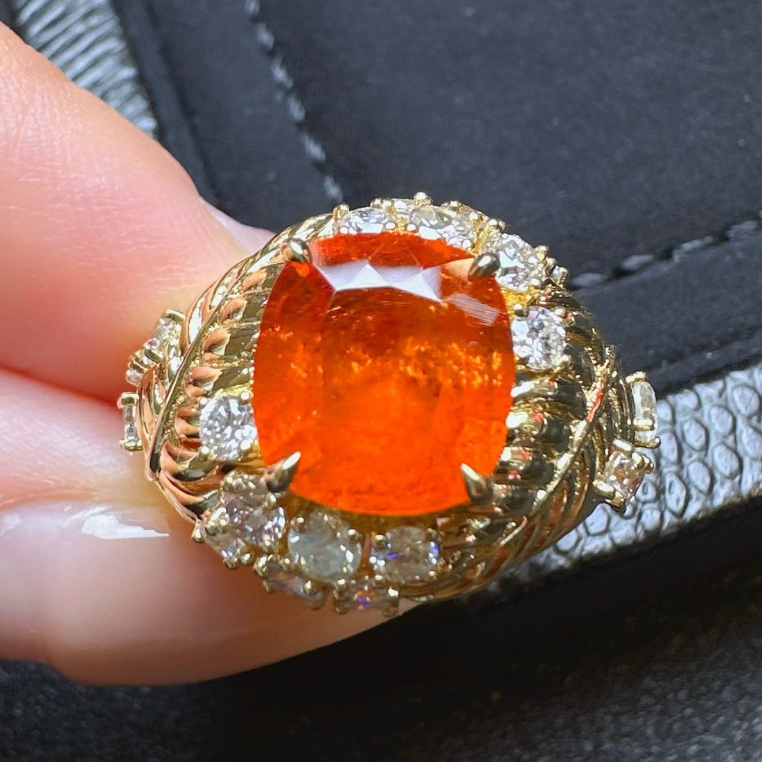 14k Gold 5.05 Ctw Natural Spessartine & Diamond Ring: Ref:231052384 // gold content:14k gold // ring size:7. 25us // // main gemstone:spessartine // shape:cushion // carat weight:3. 83ct // color:orange // treatment:natural // // adjacent gemstone 2 : di