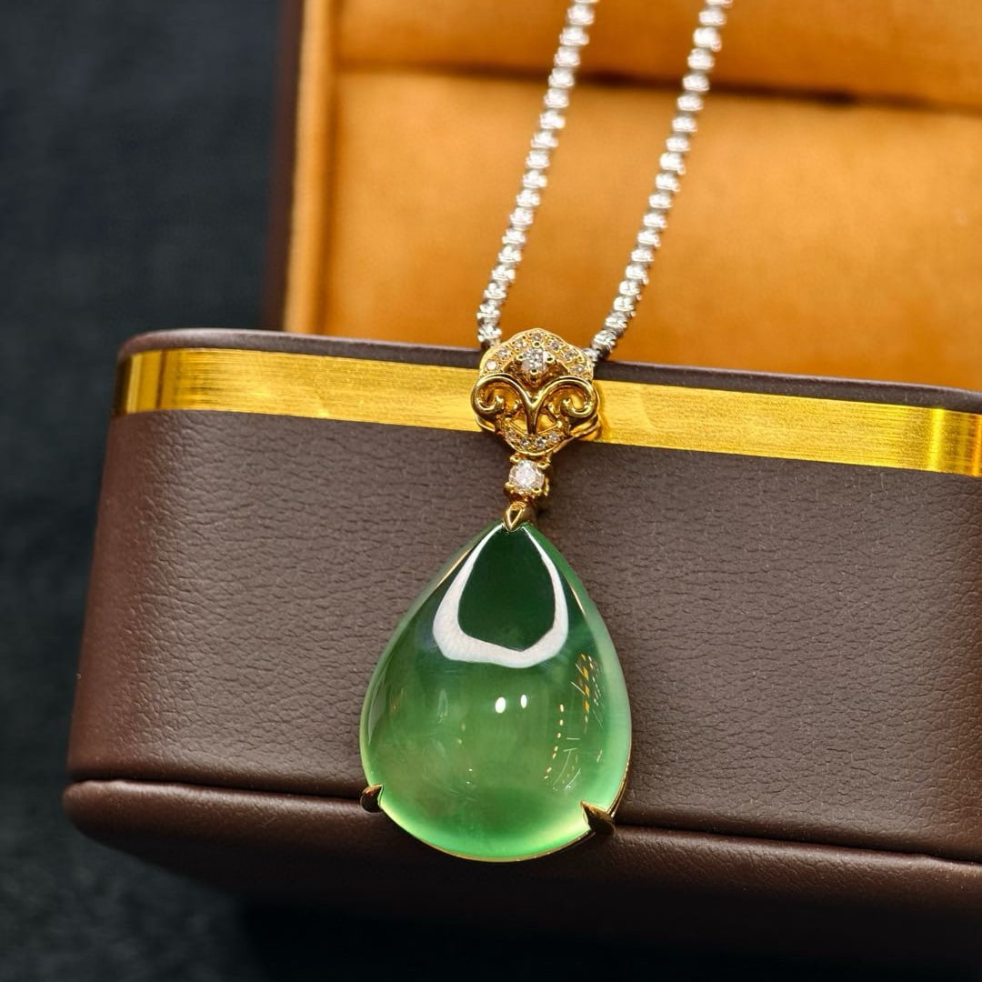14k Gold 22.71 Ctw Natural Prehnite & Diamond Pendant( Without Chain ) - 2