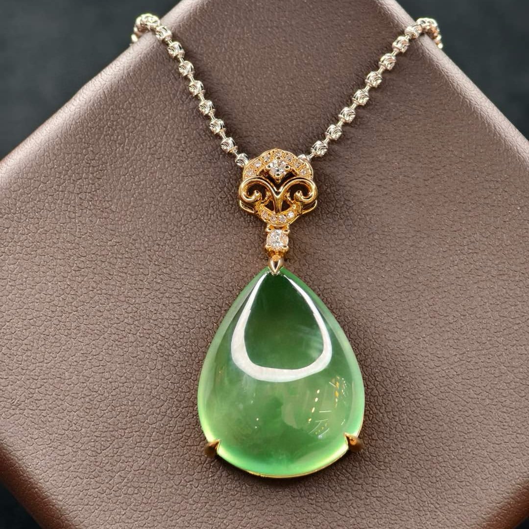 14k Gold 22.71 Ctw Natural Prehnite & Diamond Pendant( Without Chain ) - 4