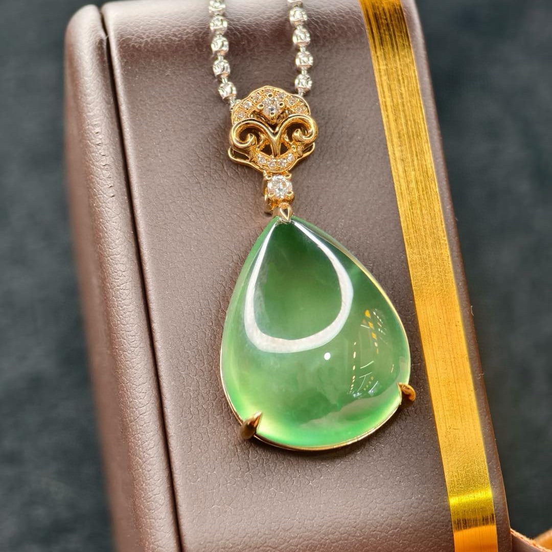 14k Gold 22.71 Ctw Natural Prehnite & Diamond Pendant( Without Chain ) - 5