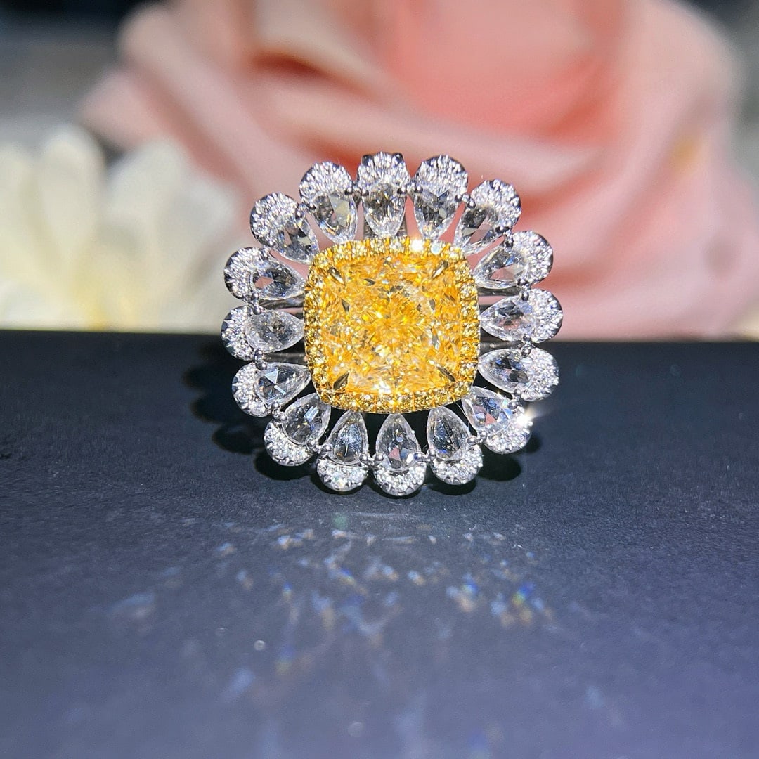 14k Gold 3.99 Ctw Natural Yellow Diamond & Diamond Ring: Ref:231052394 // gold content:14k gold // ring size:7. 25us // // main gemstone:yellow diamond // shape:cushion // carat weight:3. 02ct // color:yellow // treatment:natural // // adjacent gemstone 2 :