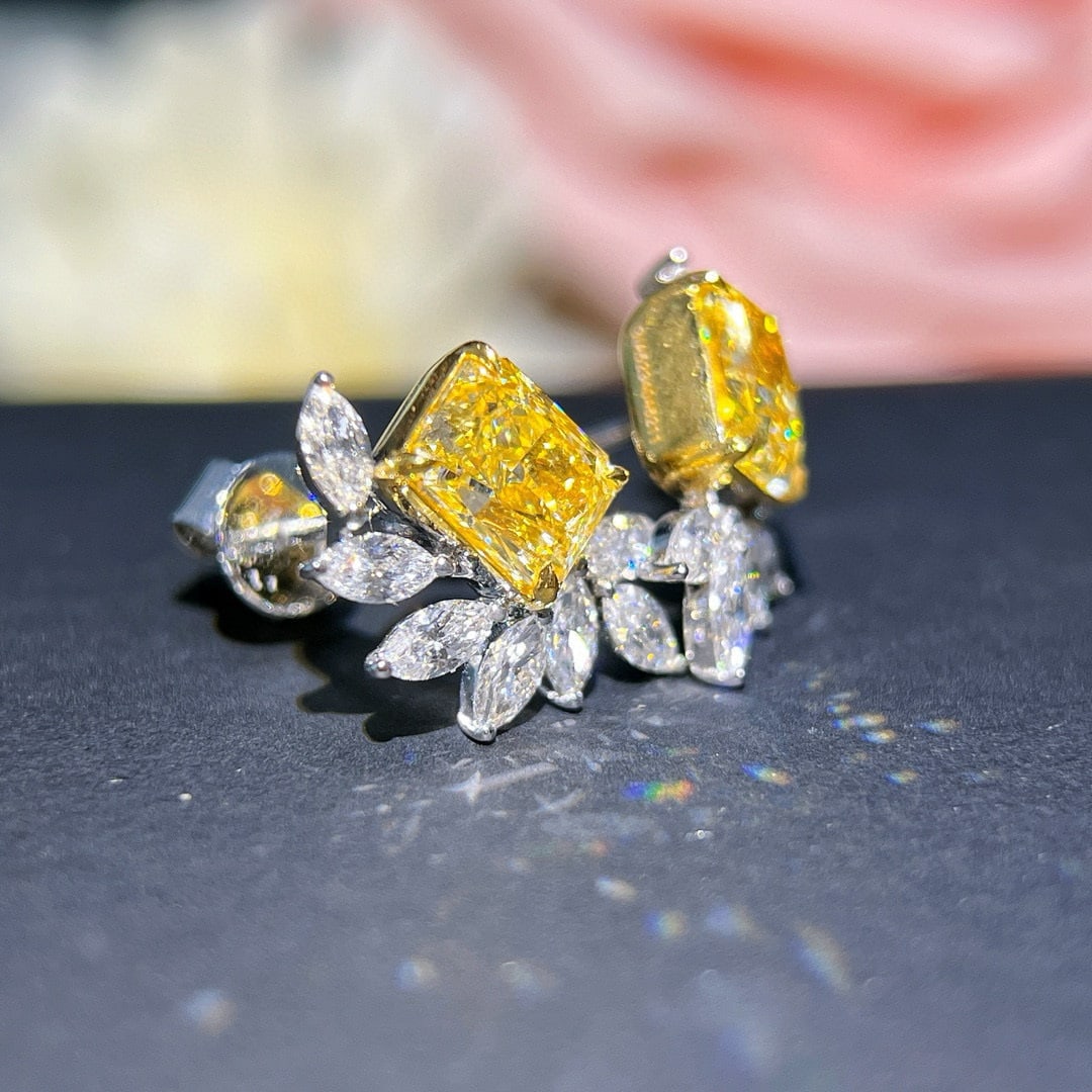 Gia Certified 14k Gold 2.00 Ct Natural Yellow Diamond & Diamond Earrings - 2
