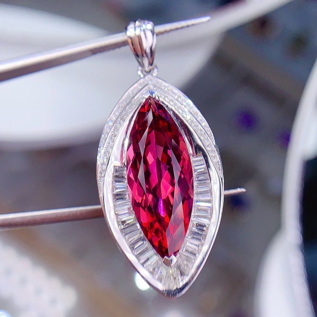 14k Gold 9.54 Ctw Natural Tourmaline & Diamond Pendant( Without Chain ) - 2