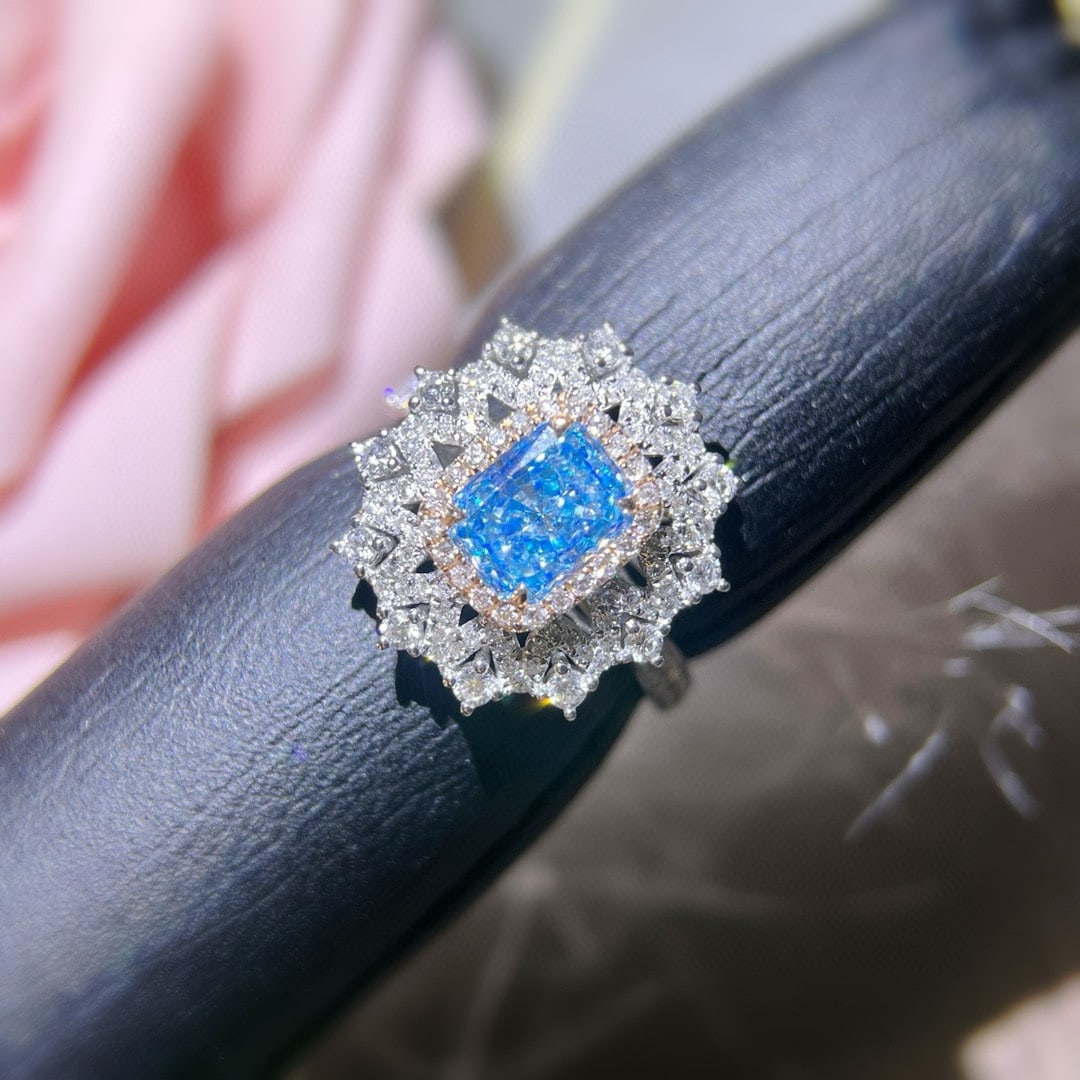 14k Gold 1.61 Ctw Natural Blue Diamond & Diamond Ring/pendant( Without Chain ): Ref:231052406 // gold content:14k gold // ring size:7. 25us // // main gemstone:blue diamond // shape:radiant // carat weight:1ct // color:blue // treatment:natural // // adjacent gemstone 2 :