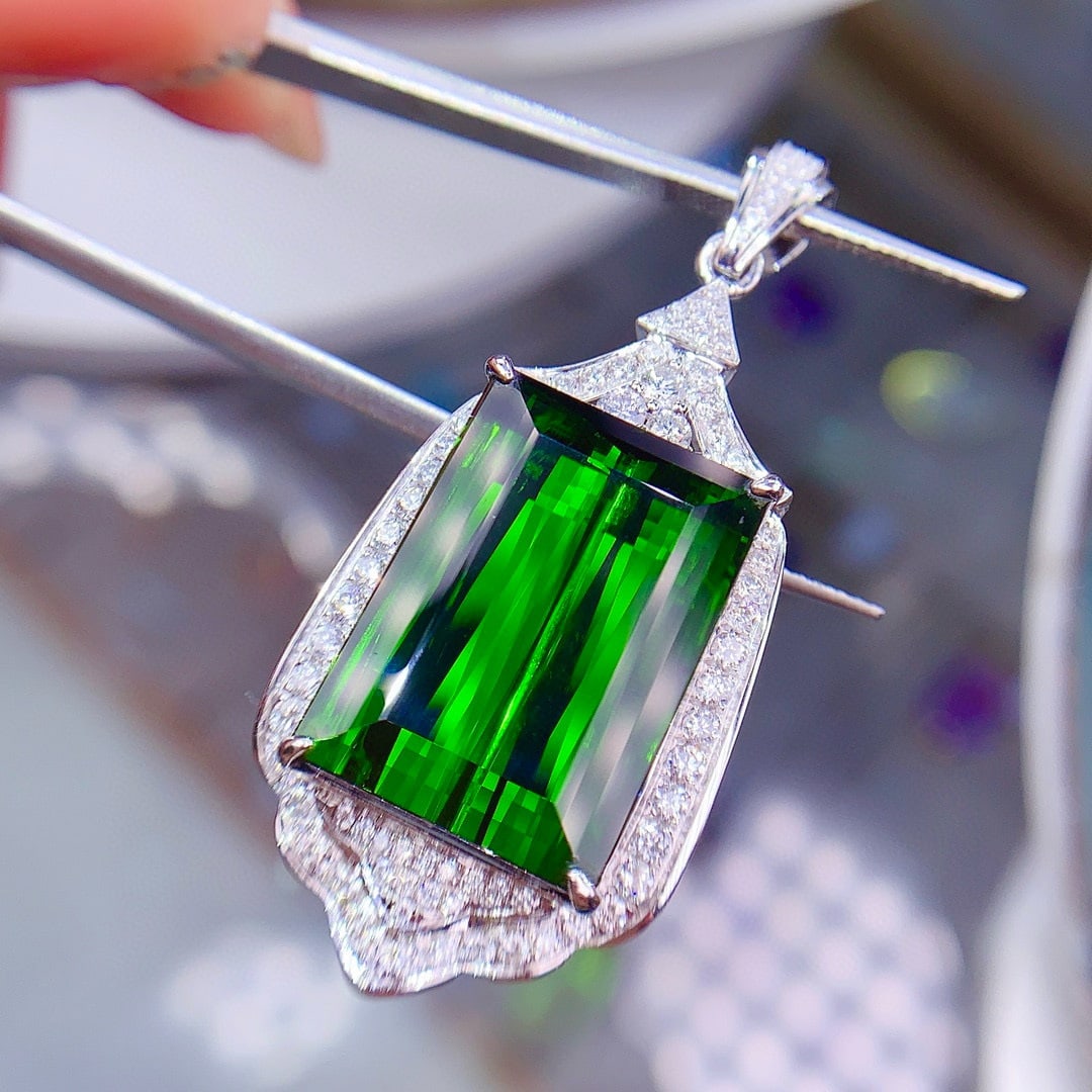 14k Gold 24.55 Ctw Natural Tourmaline & Diamond Pendant( Without Chain ) - 3