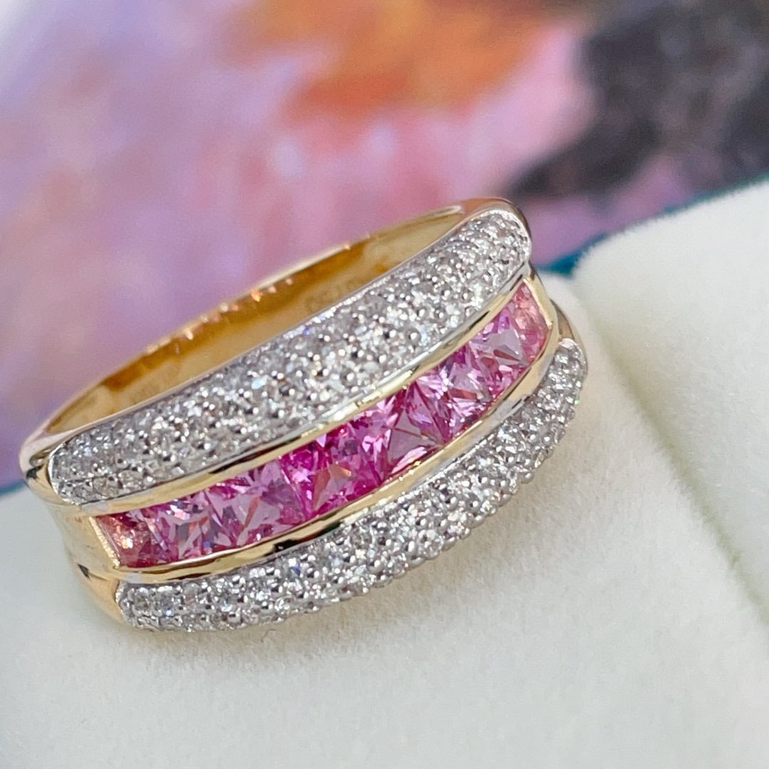 14k Gold 1.51 Ctw Natural Sapphire & Diamond Ring: Ref:231052433 // gold content:14k gold // ring size:7. 25us // // main gemstone:sapphire // shape:princess // carat weight:0. 95ct // color:pink // treatment:natural // // adjacent gemstone 2 : diamon