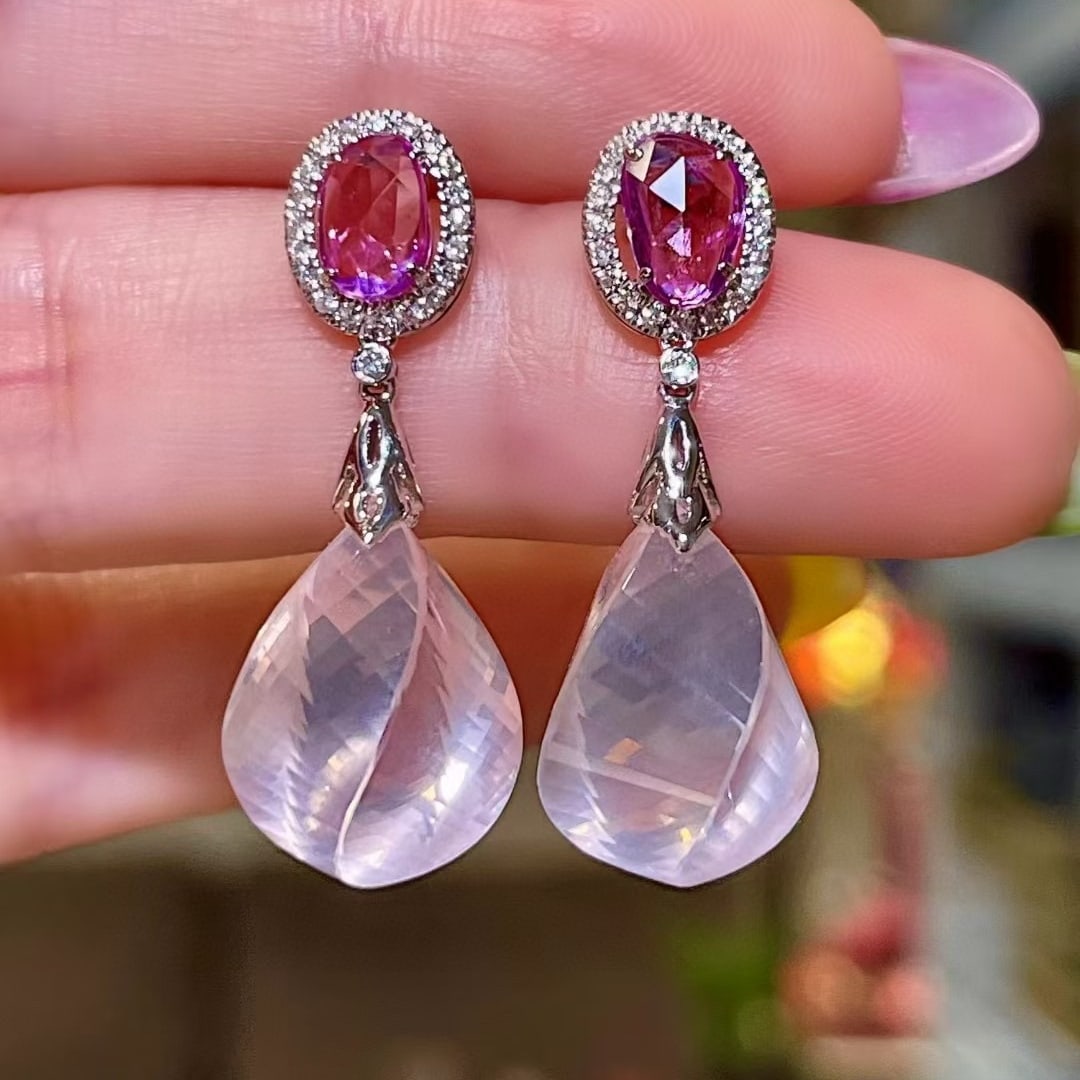 14k Gold 1.60 Ctw Natural Sapphire & Diamond Earrings: Ref:231052437 // gold content:14k gold // main gemstone:sapphire // shape:other // carat weight:1. 39ct // color:pink // treatment:natural // // adjacent gemstone 2 : diamond // shape:round // carat w