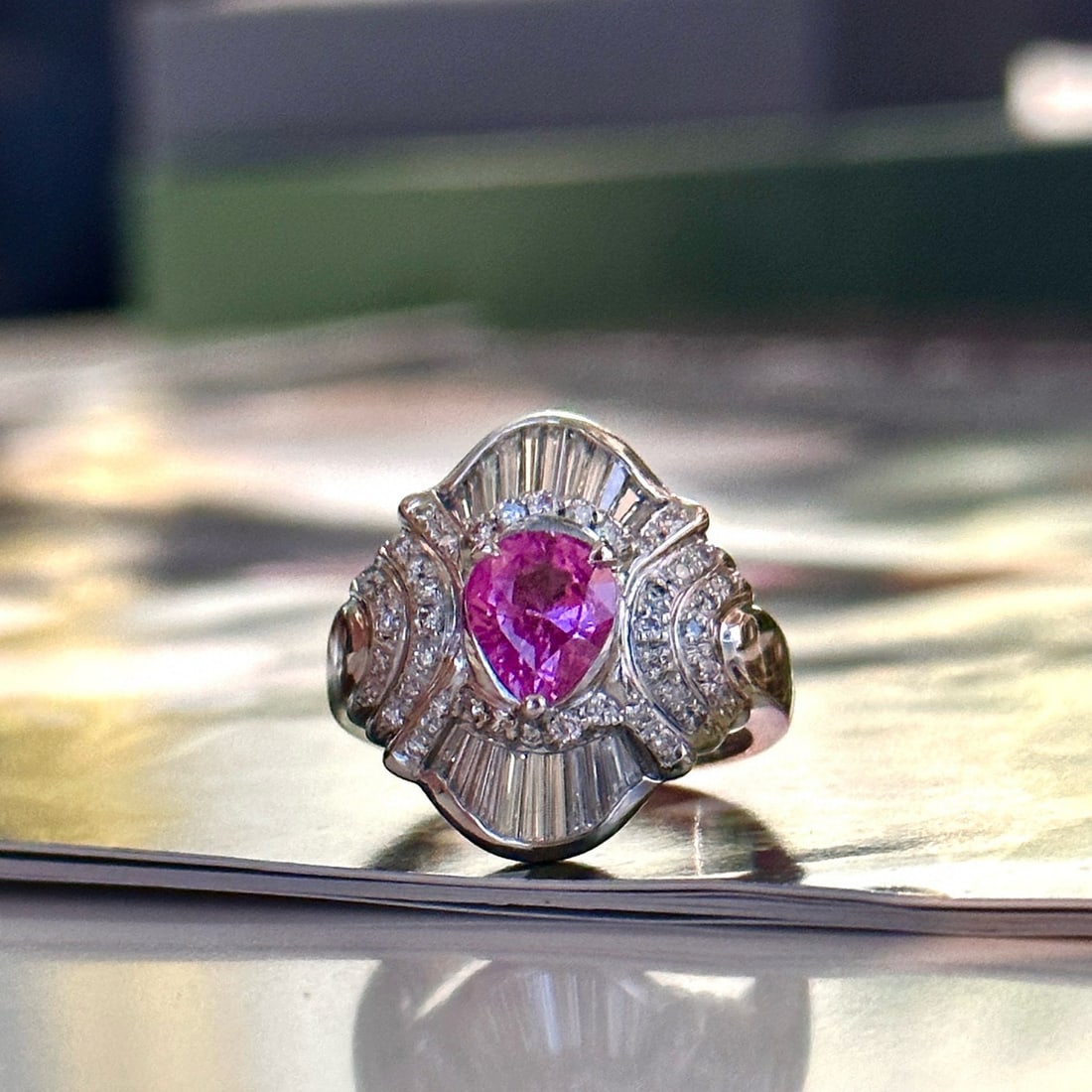 14k Gold 2.70 Ctw Natural Sapphire & Diamond Ring: Ref:231052438 // gold content:14k gold // ring size:7. 25us // // main gemstone:sapphire // shape:pear // carat weight:1. 68ct // color:pink // treatment:natural // // adjacent gemstone 2 : diamond //