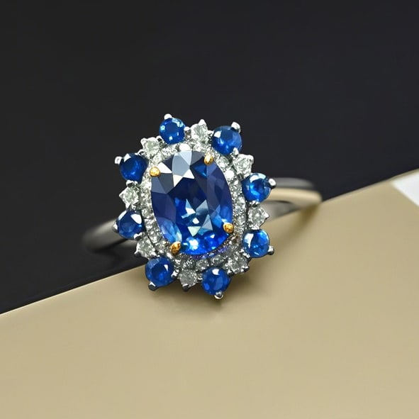 14k Gold 1.23 Ctw Natural Sapphire & Diamond Ring: Ref:231053003 // gold content:14k gold // ring size:7. 25us // // main gemstone:sapphire // shape:oval // carat weight:1. 02ct // color:blue // treatment:natural // // adjacent gemstone 2 : diamond //