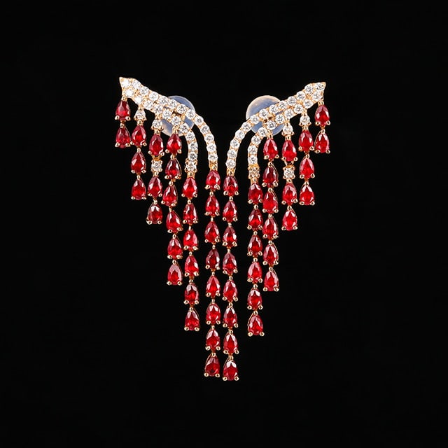 14k Gold 3.40 Ctw Natural Ruby & Diamond Earrings: Ref:231053004 // gold content:14k gold // main gemstone:ruby // shape:pear // carat weight:2. 95ct // color:red // treatment:natural // // adjacent gemstone 2 : diamond // number of stones:54 //