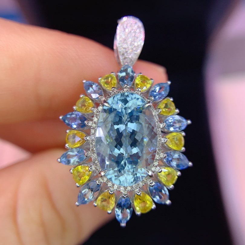 14k Gold 8.8 Ctw Natural Aquamarine & Coloured Gemstone Ring/pendant( Without Chain ) - 5