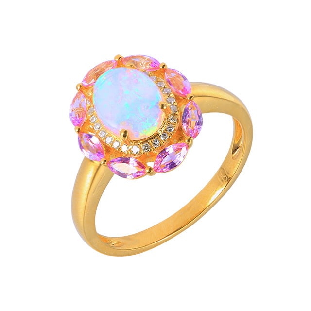 14k Gold 1.55 Ctw Natural Opal & Sapphire Ring - 5