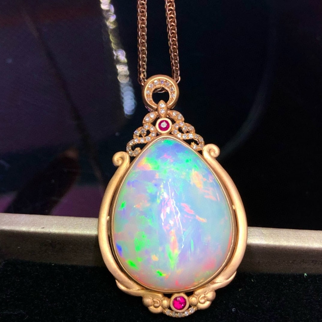 14k Gold 29 Ct Natural Opal & Diamond Pendant( Without Chain ) - 4