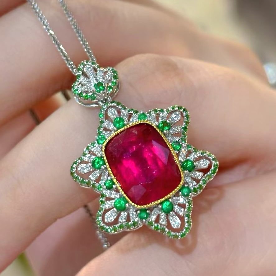 14k Gold 5 Ct Natural Tourmaline & Tsavorite & Diamond Pendant( Without Chain ): Ref:231053045 // gold content:14k gold // main gemstone:tourmaline // shape:cushion // carat weight:5ct // color:red // treatment:natural // // adjacent gemstone 2 : tsavorite // shape:round //