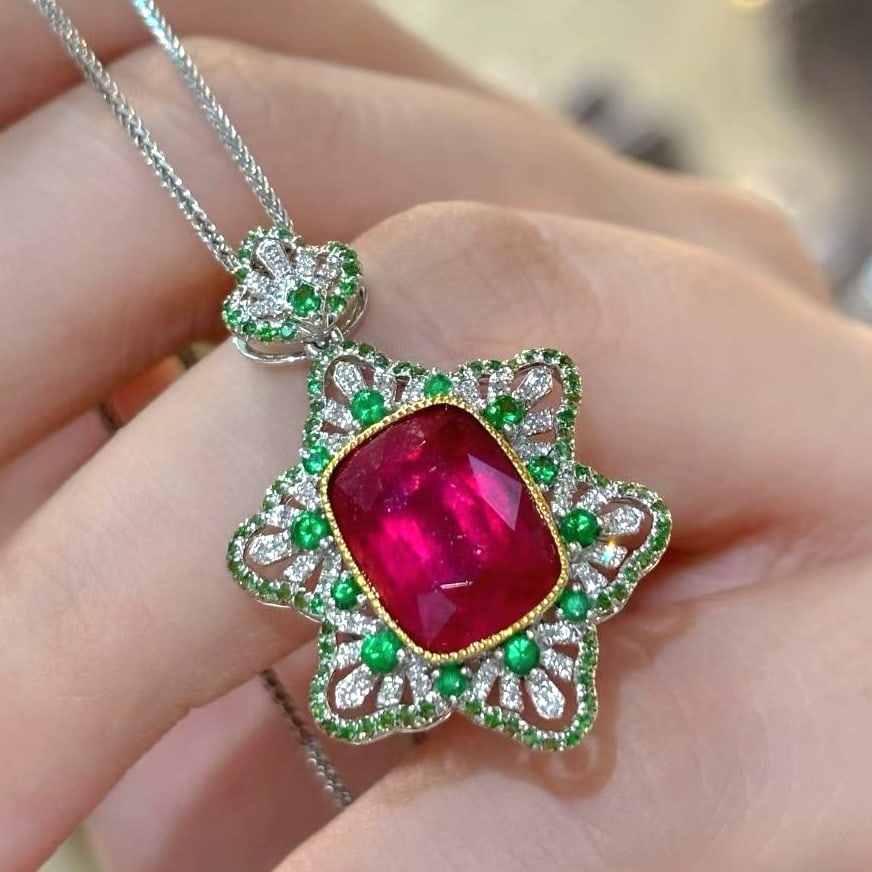 14k Gold 5 Ct Natural Tourmaline & Tsavorite & Diamond Pendant( Without Chain ) - 2