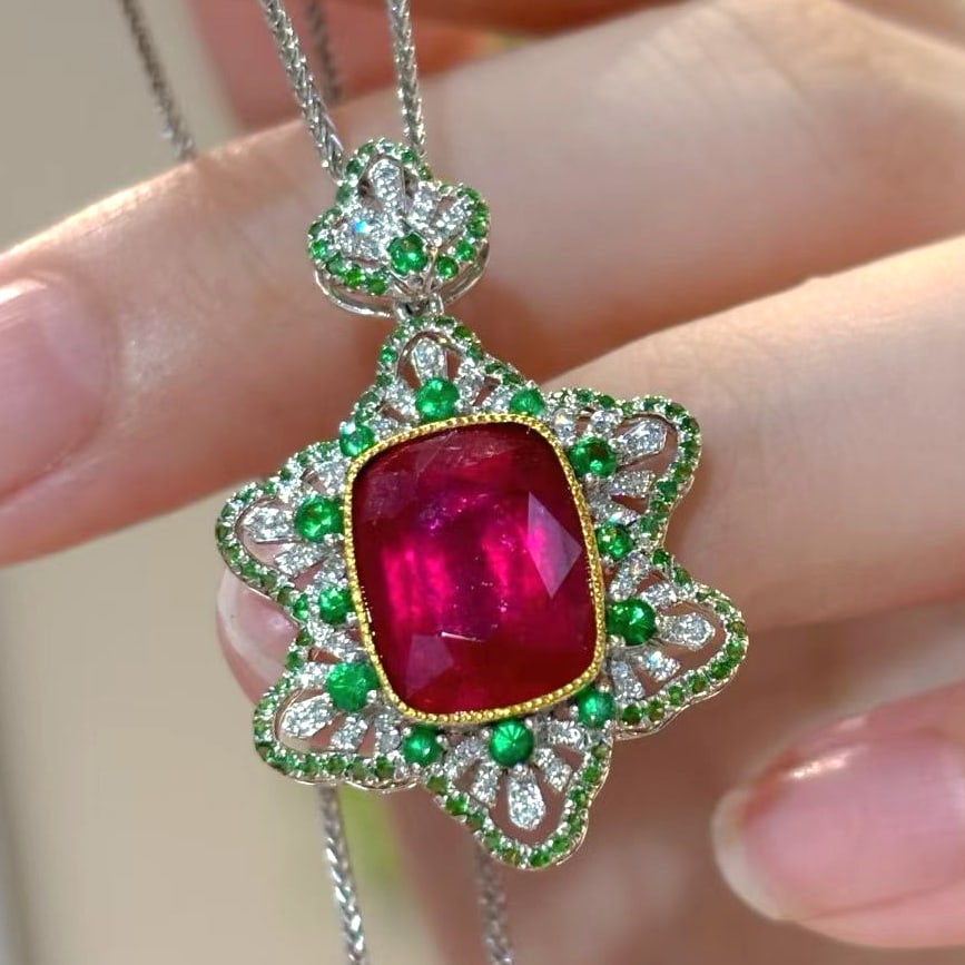 14k Gold 5 Ct Natural Tourmaline & Tsavorite & Diamond Pendant( Without Chain ) - 3