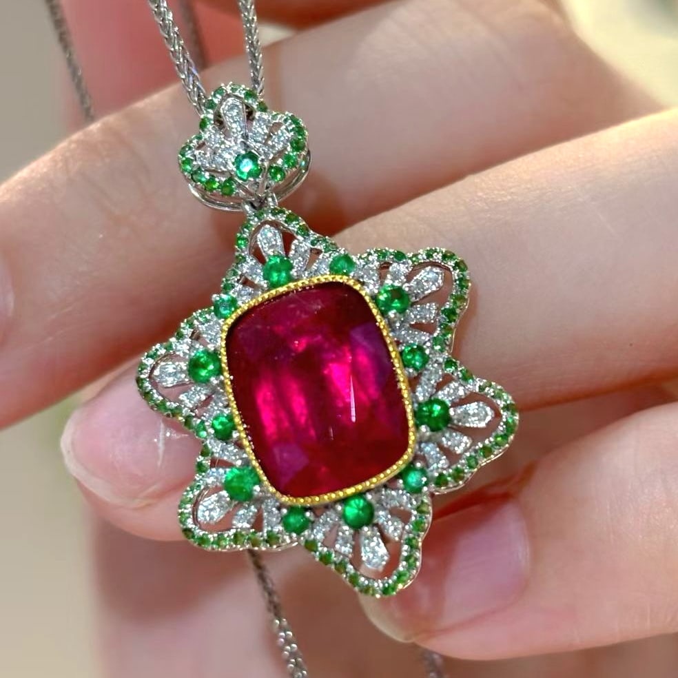 14k Gold 5 Ct Natural Tourmaline & Tsavorite & Diamond Pendant( Without Chain ) - 4