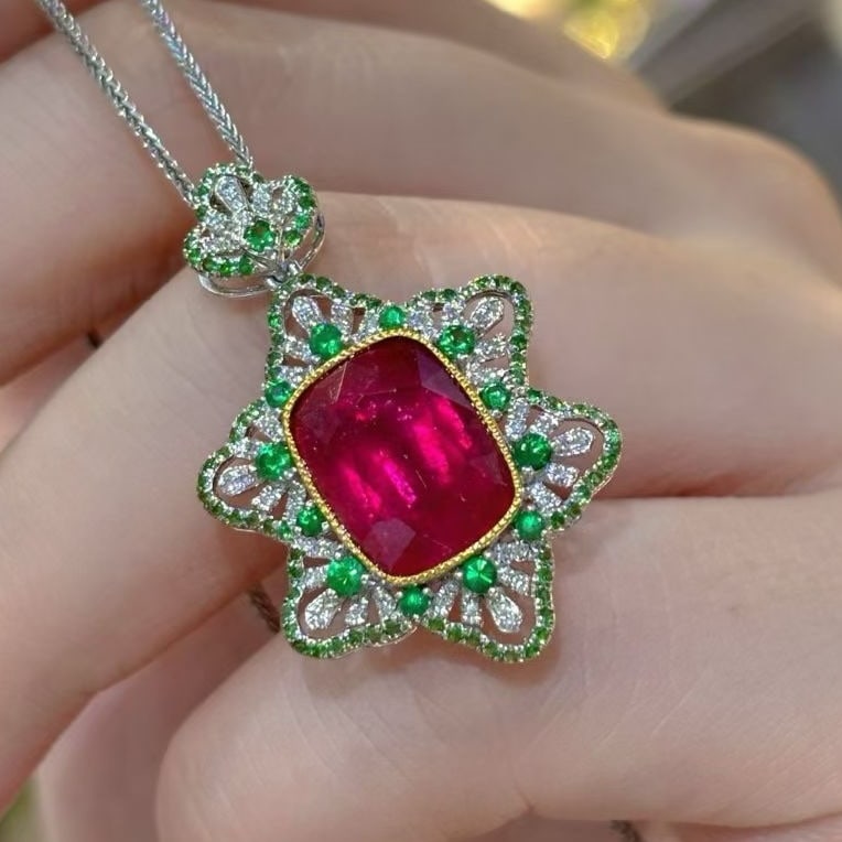 14k Gold 5 Ct Natural Tourmaline & Tsavorite & Diamond Pendant( Without Chain ) - 5