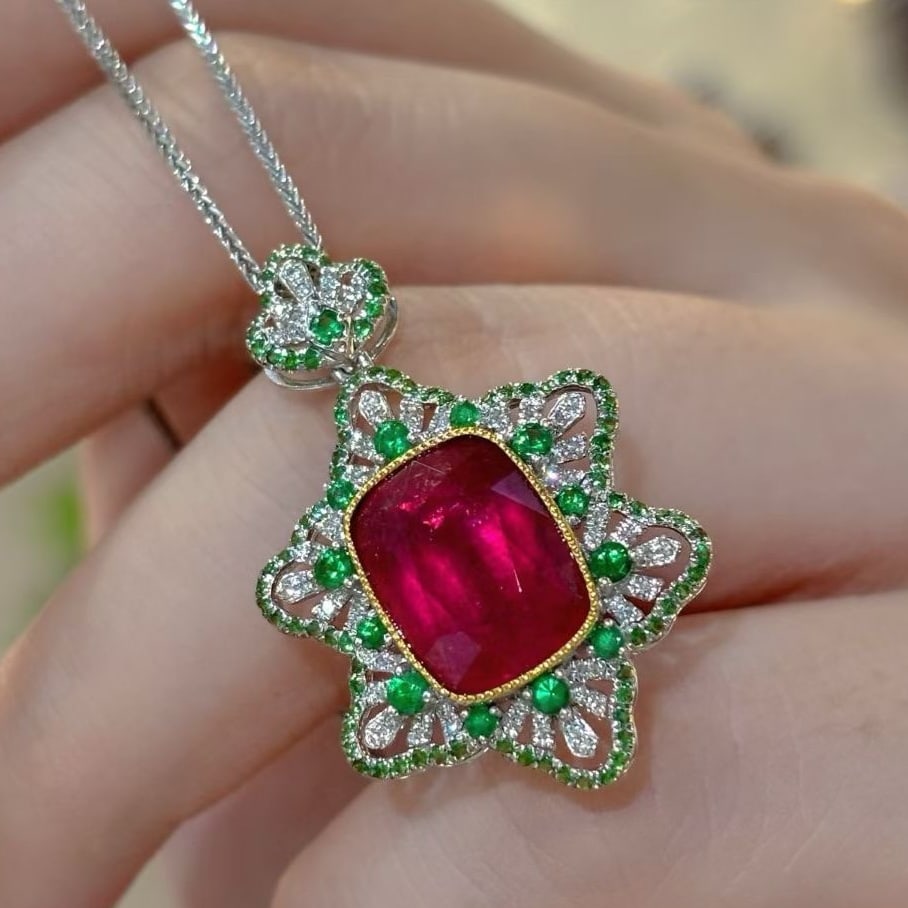 14k Gold 5 Ct Natural Tourmaline & Tsavorite & Diamond Pendant( Without Chain ) - 6