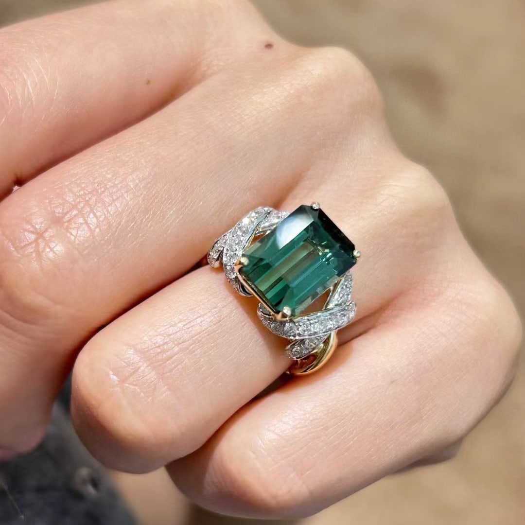 14k Gold 8.45 Ctw Natural Tourmaline & Diamond Ring - 8