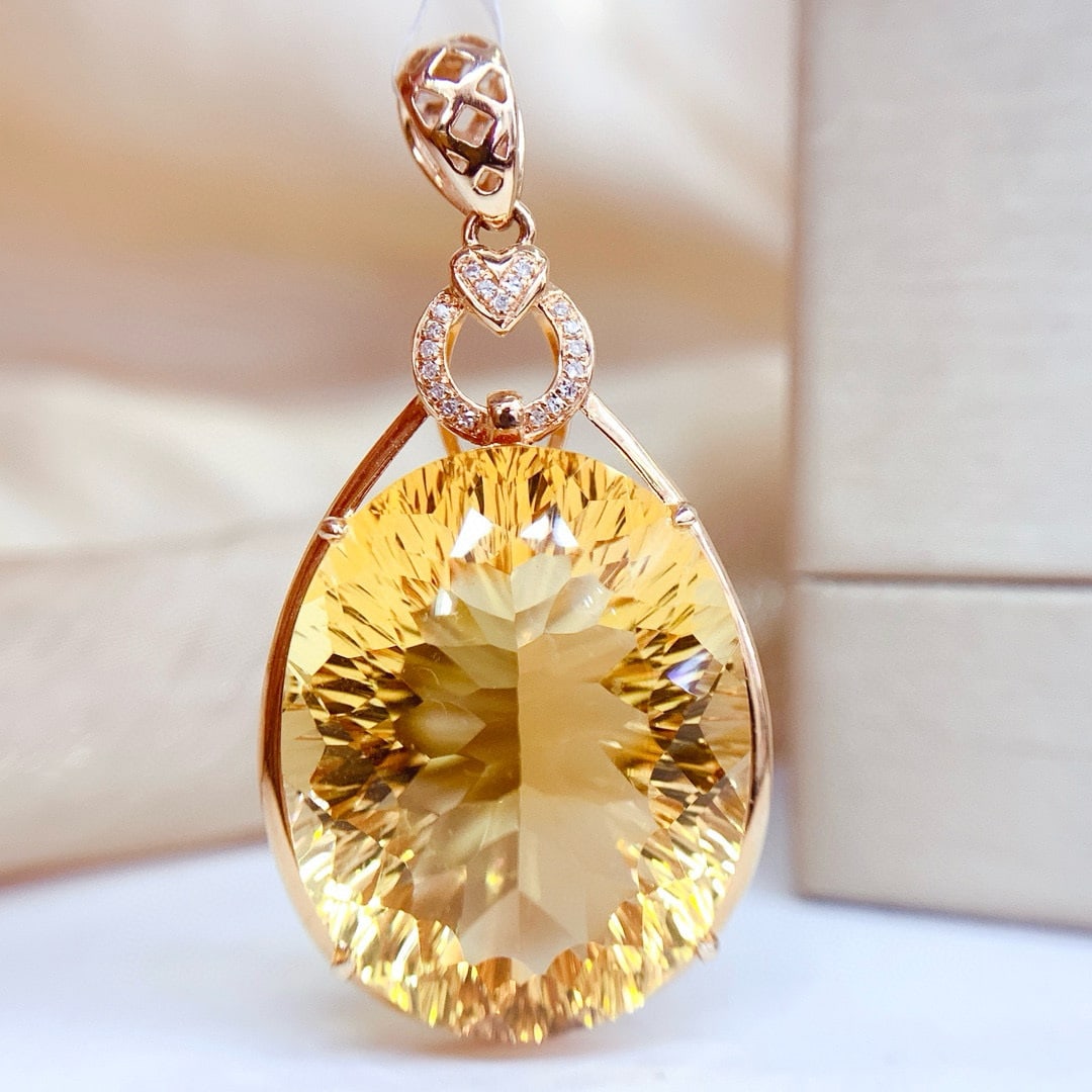 14k Gold 34.75 Ct Natural Citrine & Diamond Pendant( Without Chain ) - 4