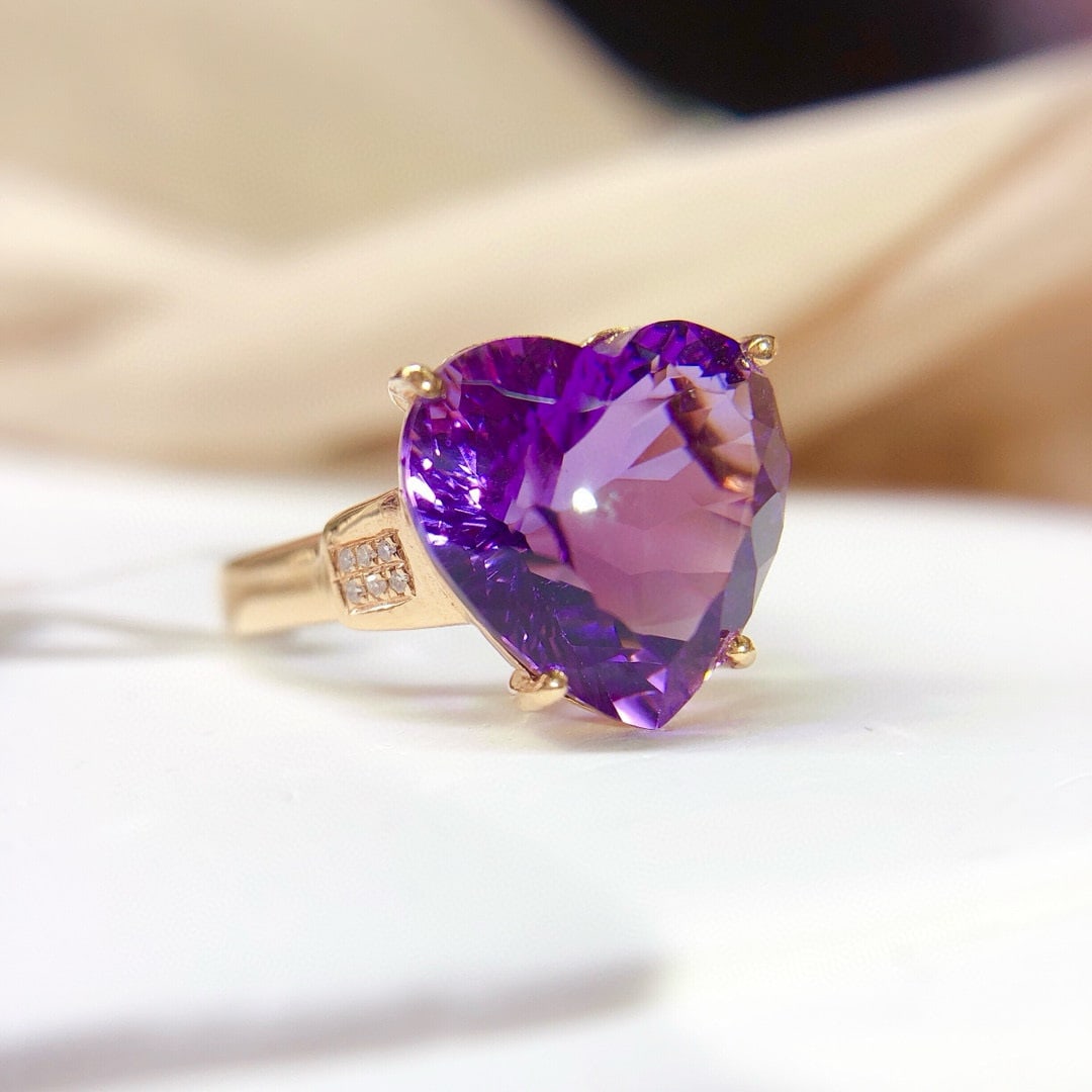 14k Gold 7.15 Ct Natural Amethyst & Diamond Ring - 2