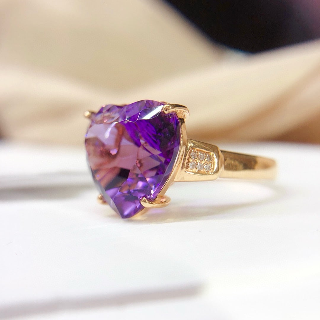 14k Gold 7.15 Ct Natural Amethyst & Diamond Ring - 3