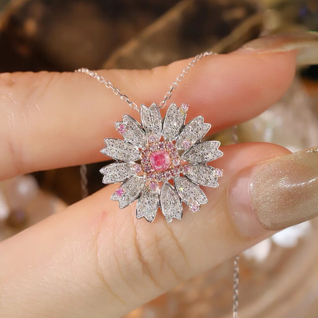 14k Gold 0.70 Ctw Natural Pink Diamond & Diamond Necklace - 5