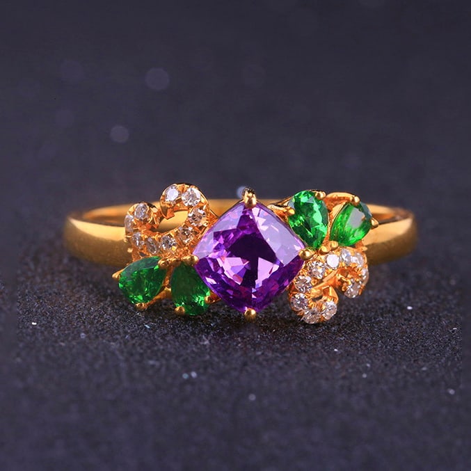 14k Gold 1.51 Ctw Natural Sapphire & Diamond Ring: Ref:231053086 // gold content:14k gold // ring size:7. 25us // // main gemstone:sapphire // shape:cushion // carat weight:1. 42ct // color:purple // treatment:natural // // adjacent gemstone 2 :