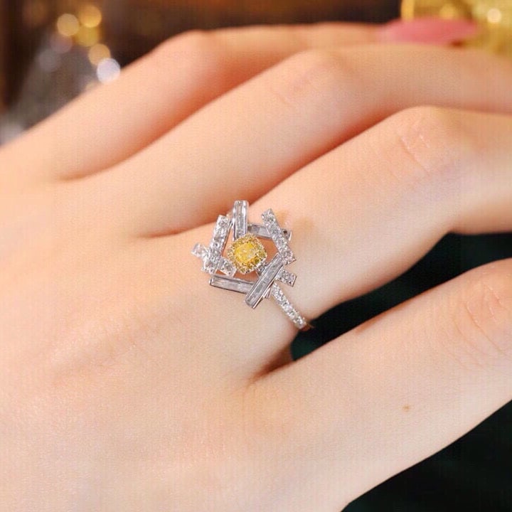 14k Gold 0.6 Ctw Natural Yellow Diamond & Diamond Ring - 3
