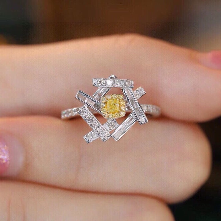 14k Gold 0.6 Ctw Natural Yellow Diamond & Diamond Ring - 7
