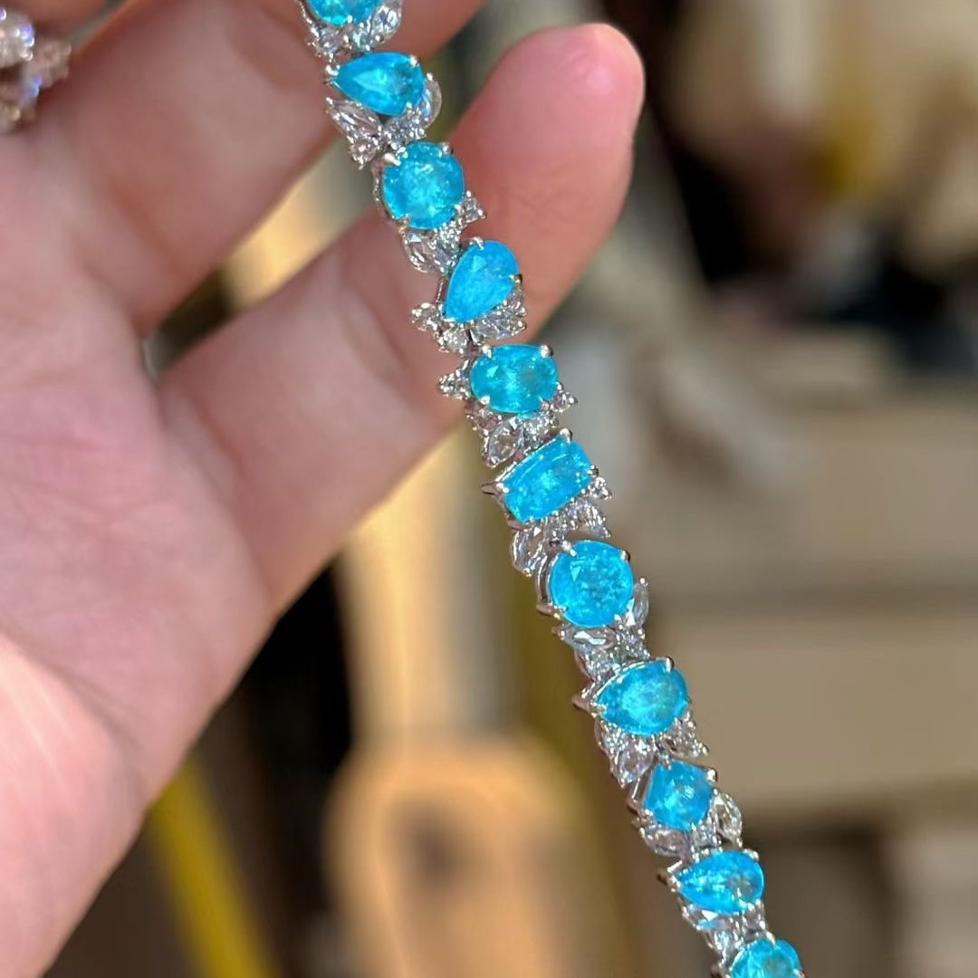 14k Gold 4.5 Ct Natural Paraiba Tourmaline & Diamond Bracelet - 2