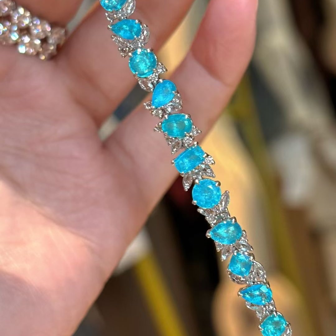 14k Gold 4.5 Ct Natural Paraiba Tourmaline & Diamond Bracelet - 4