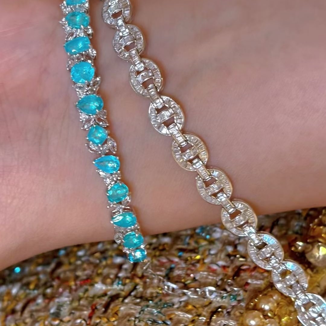 14k Gold 4.5 Ct Natural Paraiba Tourmaline & Diamond Bracelet - 5